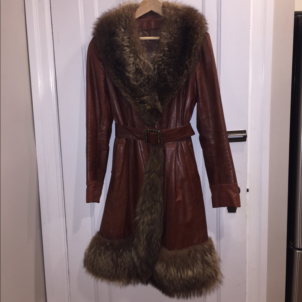 Vintage Olimpic Leather Coat with  Fur Trim